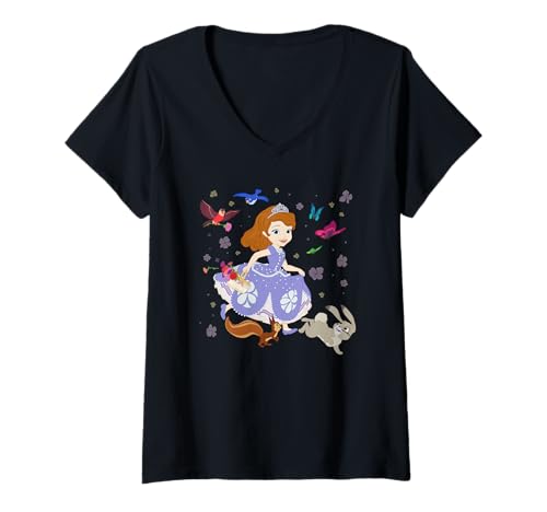 T-shirt col en V Disney Sofia the First femme haut imprimé fleurs animaux