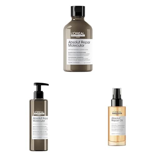 L'Oréal Professionnel Kit Shampoo + Balsamo Liquido + Olio 10 in 1, Per Tutti i Tipi di Capelli Danneggiati, Meno Danni e Maggiore Forza, Absolut Repair Molecular, 300ml + 250ml + 90ml