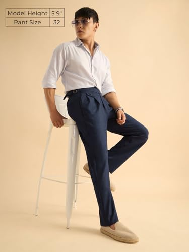 Image of The Souled Store: Gurkha Pants Men and Boys Solid Polyester Blend Straight Fit Adjustable Waistband 4-Way Stretch Wrinkle Resistant Pleated Front Trousers