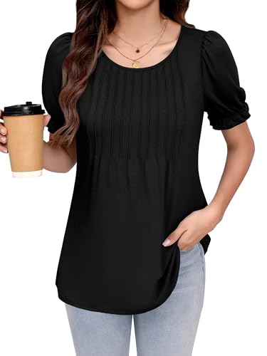 Missufe Women's Crew Neck Ruffle Puff Short Sleeve Pleated Blouse Summer Loose Casual T-Shirt Top 2025 Trendy Clothes (Black, Medium)