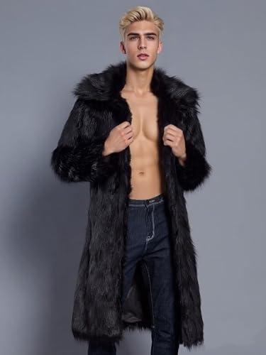 Image of FTIMILD Men's Long Faux Fur Coat Single Breasted Warm Winter Trench Coat Fluffy Thick Overcoat