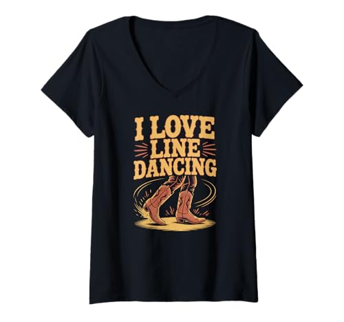 Mujer Botas estilo western country con texto «I Love Line Dancing» Camiseta Cuello V