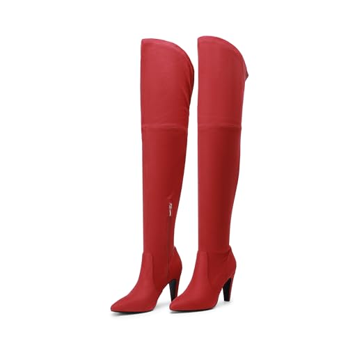 DREAM PAIRS Women's Thigh High Boots Over The Knee Heels Long Sexy Pointed Toe Boots,Size 7.5,Red/Suede,DOB214