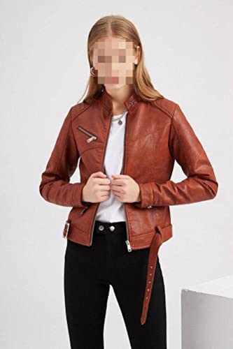 Jaqueta Cinto Curto Das Mulheres Jaqueta De Couro Tamanho Slim-Fit Jaqueta De Couro Stand-Up Gola Fi