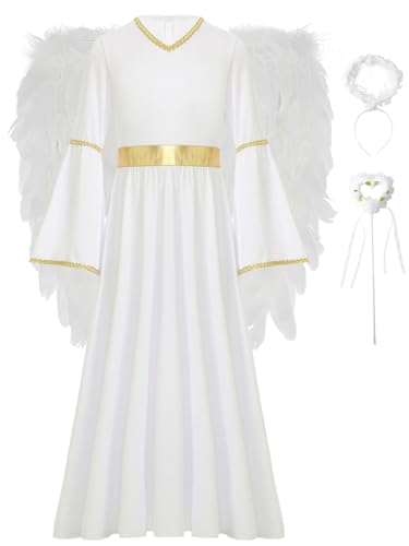 Miutii Vestido Ángel Niña Traje Ángel con Alas Y Aura Vestido Navidad Maxi Fiesta Halloween Carnaval O Fiestas Blanco 9-10 años