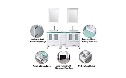 Wonline 60" White Double Wood Bathroom Vanity Cabinet And Round Ceramic Sink W/Mirror Combo Wash Basin With Faucet (Round Bowl) #TOP4