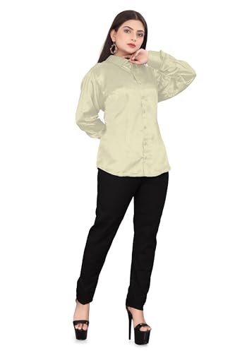 Image of MEEK MERCERY BY KF Women's Satin Button Down Shirt | Long Sleeve Silky Office Blouse | Elegant Work & Business Casual Top | 41 Colour, UK Plus Size S-5XL Cream
