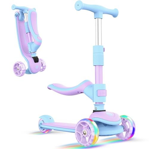 BELEEV Patinete 2 en 1 Niños, Asiento Desmontable, 4 Altura Ajustable, Ruedas LED Luminosas, Plataforma Anti-Deslizante Ancha, Plegable Scooter Patinete Carga Máxima 50 KG para Niños Niñas 3-12 Años