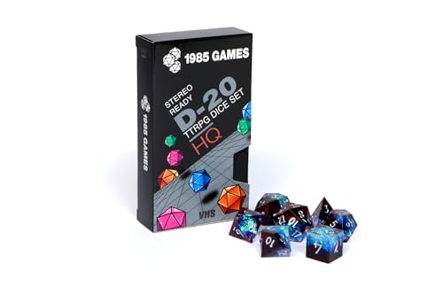 Image of 1985 Games Sharp Edge DND Dice Set - Plasmic Punch Polyhedral Dice in Retro VHS Box - TTRPG Dice Set - Tabletop RPG Accessory (Set of 7)