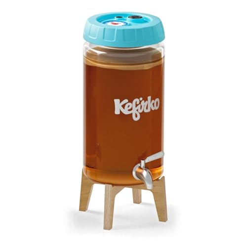 Kefirko Kombucha Kit de fermentation | Bocal en verre, couvercle, filtres, horloge de fermentation et livre de recettes, 4 litres (bleu)