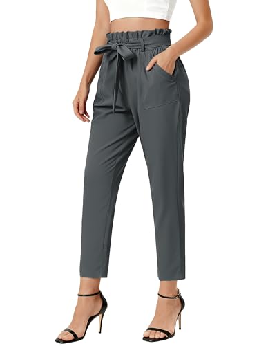 GRACE KARIN Women's Casual Elastic Waist Slim Fit Cropped Pants Trousers Gray-Black Size S