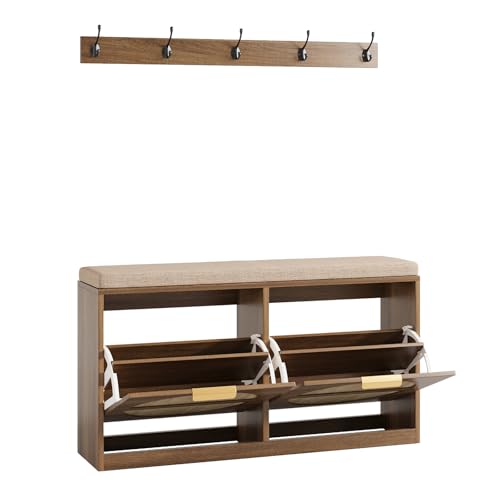 Maupvit Rattan Entryway Bench with Seat Cushion & Coat Rack, Shoe Storage Cabinet with 2 Flip Drawers, Narrow Shoe Rack, 5 Sturdy Metal Hooks, Rustic Oak Rattan - Thumbnail 4