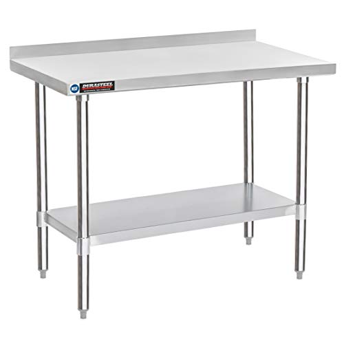 Image of DuraSteel NSF Commercial Kitchen Table - 24 x 48 Inch Cooking Prep Stainless Steel Kitchen Island Workstation w / Adjustable Under Shelf - Heavy Metal Backsplash Workbench For Restaurant, Home, Garage
