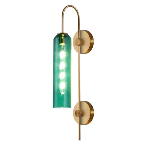 Image of BOKT Modern Gold Wall Sconce Green Glass Hardwired Bedside Wall Light Fixtures Mid Century Long Metal Wall Sconce Single Hardwired Bathroom Bar Wall Lamp (Green)
