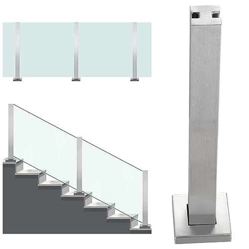 Moderna ringhiera in acciaio inox e vetro per scale e balcone, semplice guardrail per terrazza e patio, palo quadrato con fessura - finitura argento