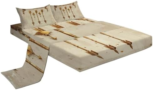 Queen Fitted Sheet, Ultra Soft Smooth Bed Sheets Set - Deep Pockets 16" - Golden Bow and Arrow Pattern 4 Piece Set 1 Fitted Sheet, 1 Flat Sheet and 2 Pillowcases, Beige Bedding for Adult Children - Thumbnail 3