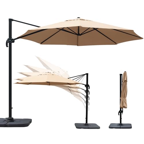 paramondo parapenda Sonnenschirm Ampelschirm aus 230 g/㎡ Polyesterfaser, Rund, Ø 3,5 m, 360° Schwenkbar, Kurbelbedienung, Creme, Stahl-Standkreuz und Gestell in Anthrazit, 20.6kg