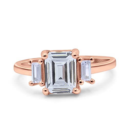 Blue Apple Co. Emerald Cut Art Deco Three Stone Wedding Ring Simulated Cubic Zirconia 925 Sterling Silver