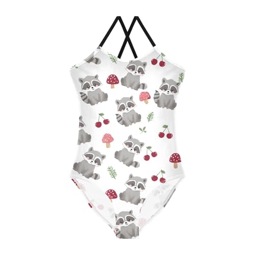 Girls Swimsuit Raccoons Cherries Mushrooms Pattern One Piece Swimwear