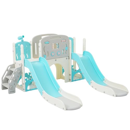 Merax Undersea Adventure Toddler Slide, 8-in-1 Kids Indoor Outdoor Playset with Double Slides, Basketball Hoop & Telescope, Outdoor Indoor Playground Slide for Toddlers 1-3 - Thumbnail 4