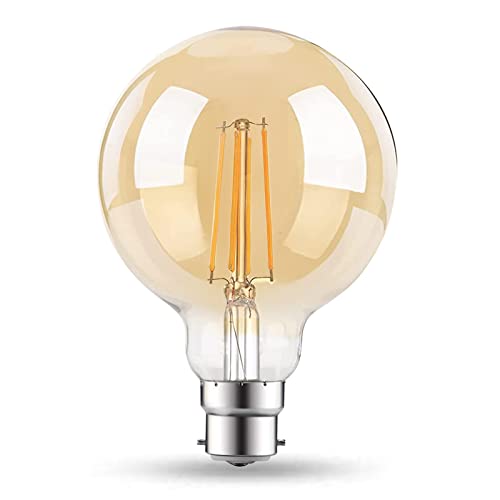 Image of EXTRASTAR Vintage Bayonet LED Light Bulb, B22 Bayonet Cap 6W(48W Equivalent) G125 Large Globe LED Filament Bulbs, 600LM, 2200K Warm White, Old Fashioned Bulbs, Amber Glass, Non-dimmable