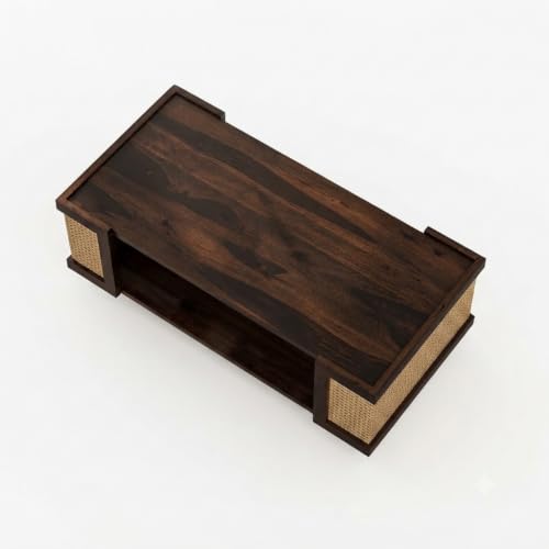 Image of Wooden Center Table for Living Room | Modern Rectangular Center Coffee Table with Open Storage Shelf & Rattan Cane Side Panels | Stylish Wooden Centre Table for Home, Lounge & Drawing Room