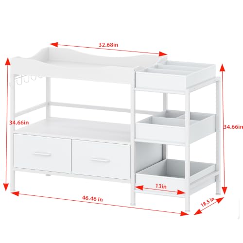 Image of Baby Changing Table with Storage,Heavy-Duty Diaper Changing Station, White Nursery Dresser Organizer with 2 Large Fabric Baby Drawers, 3 Diaper Caddy Bin & Wood Shelf, Kids & Baby Bedroom Furniture