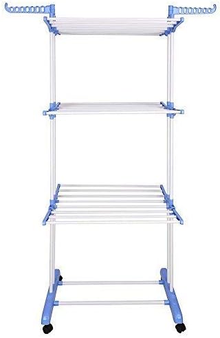 BONBON 3 Tier Clothes Drying Rack Folding Laundry Dryer Hanger Compact Storage Steel Indoor Outdoor (Blue/White)