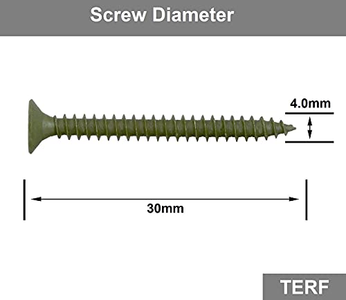 TERF® Decking Screws 4.0 X 30mm Pozi Drive Flat Countersunk Head Green Finish Anti Corrosion Screws 4.0 X 30mm For Decking Fence Floorboard Hard And Softwood - Pack of 100