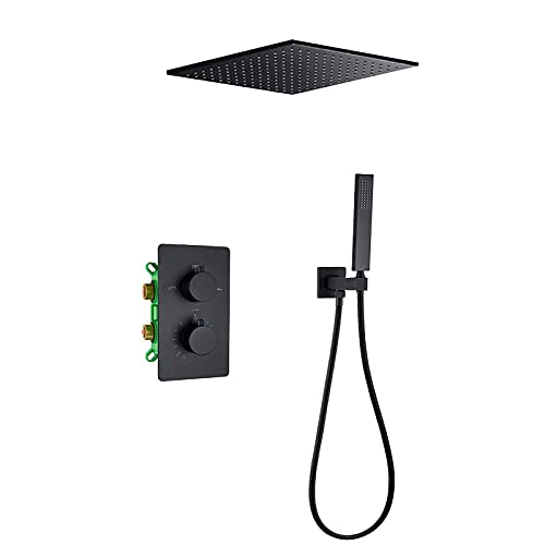 Système de douche thermostatique noir avec pommeau pluie carrée et douchette