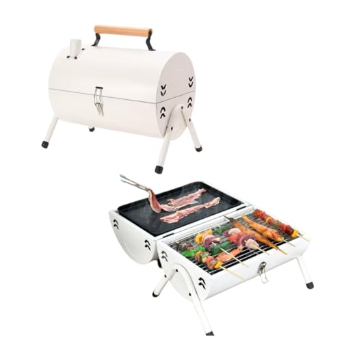 Barbacoa de carbón portátil plegable – barbacoa ligera de acero inoxidable – 2 placas + rejilla – doble cara – modo amortiguado – ideal camping, picnic y exterior (blanco)