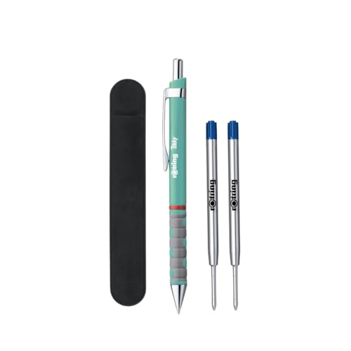 rOtring Tikky Pastell-Kugelschreiber-Set, blaue Tinte, mittlere Spitze, leicht mit gummiertem Griff, 2 Ersatzminen + Samtstiftetui, 4 Stück