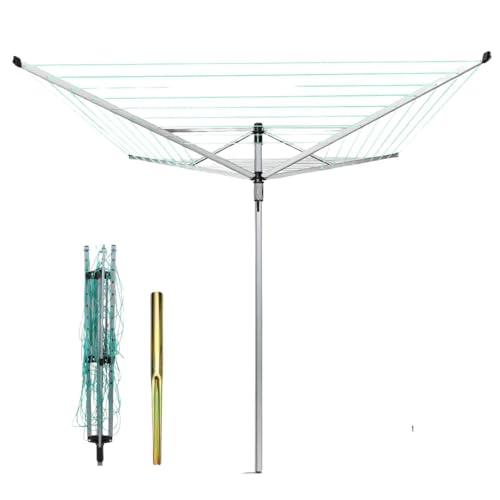 M&H 60M Rotary Clothes Airer-Rotary Washing Line, Drying Rack Laundry Washing Line, Rotary Washing Line Outdoor 4 Arm Outdoor Umbrella Rotary Dryer with Metal Ground Spike & Wheatherproof Cover