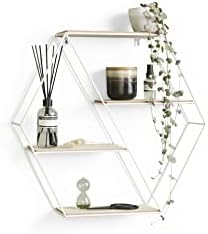 LIFA LIVING Wall Shelf 4 Tiers, Hexagonal Wall Shelf in MDF Wood and White Metal, Decorative Shelf, Floating Shelf for Kitchen, Bedroom, Bathroom, 51x11x58 cm