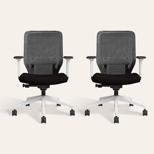 Image of Interio by Godrej Greta 2.0 Mid Back Fabric Ergonomic Chair (Black Ink with White Body, Set of 2) 1-Year Warranty, Adjustable Armrest
