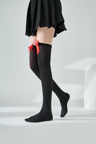 Image of Black Thigh High Stockings with Red Satin Bow Sexy Black Over Knee High Long Socks with Bow for Women Opaque Thigh High Tights Stockings Hosiery for Lingerie Cosplay Costumes Halloween Valentine's Day