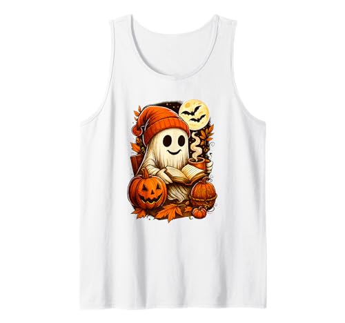 Vintage Ghost Reading Books Pumpkin Teacher Halloween Tank Top