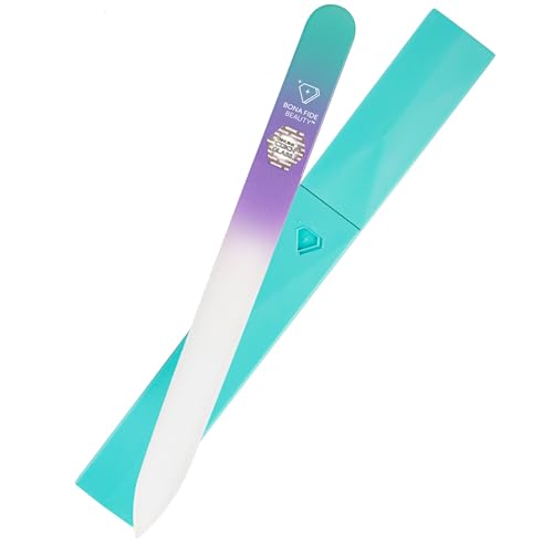 Glass Nail File with Case, Czech Glass Fingernail Files, Manicure Nail File for Natural Nails, Expert Precision Filing + Smooth Finish - Bona Fide Beauty Premium Nail Filer (Pastel Aqua Violet)