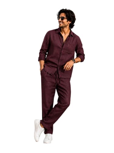 Image of Men's Premium Linen Co-Ord Set | Regular Fit Full Sleeve Solid Shirt with Drawstring Trouser | Breathable Linen Casual Outfit for Summer, Travel, Beach, Vacation & Daily