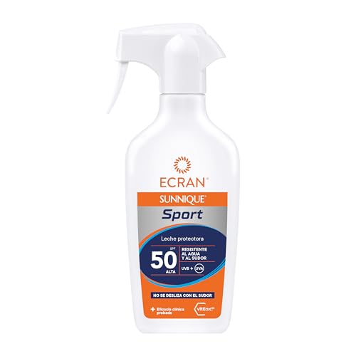 Ecran Sunnique Sport - Leche Protectora Solar SFP 50 en Spray, Protección Alta UVB, UVA, Frescor Instantáneo, Refuerza las Defensas, Muy Resistente al Agua, para Todo Tipo de Pieles - 270 ml
