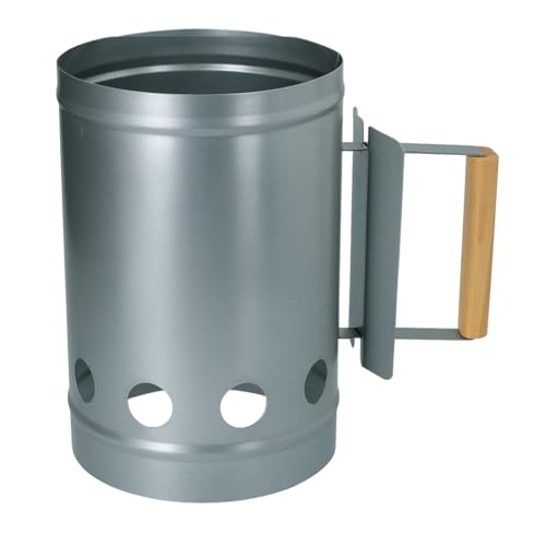 Alpina Holzkohle Starter Ø16 cm x 27 cm - Grillanzünder aus Metall mit Holzgriff - Anzündkamin für BBQ - Schnell und Einfach - Metallgrau
