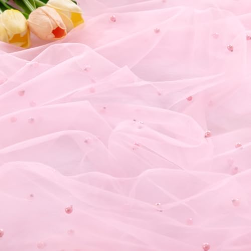 Image of MLMC Pink Pearl Table Runner Boho Rustic Tulle Table Runner with Pearls 10ft 29 inchx120 inch Cheesecloth Table Decor for Wedding Anniversary Baby Shower Home Decoration