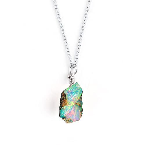 OdrillionGems 100% Real Raw Ethiopian Opal Stone Dainty Pendant Necklace Handmade Jewelry Healing Crystals Gift for Women October Birthstone 925 Sterling Silver Necklace in 18inch