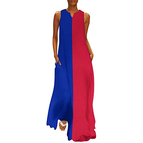 Image of TAIZIYEAH Womens Summer Haiti Flag Casual V Neck Sleeveless Long Dress XL