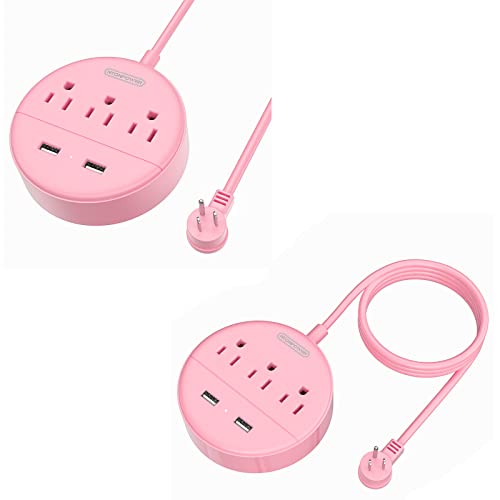 10FT and 5 FT Long Extension Cord Power Strip with USB Bundle, NTONPOWER Pink Charging Station with 3 Outlets and 2 USB, Travel Power Strip Flat Plug, Wall Mount for Home Office Dorm Room Cr