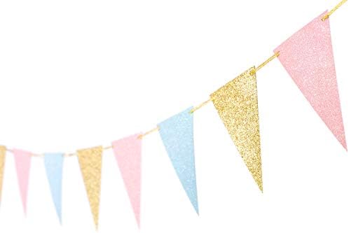 10 Feet Gender Reveal Party Banner Glitter Paper Decoration Anniversary Supplies Garland Pennant Flags for Baby Shower Birthday Party Nursery Graduation Decoration 15pcs (Gold Pink Blue)