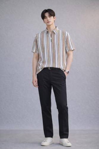 Image of London Hills Men's Loose Fit Half Sleeve Vertical Striped Polo T-Shirt with Zip Collar | Premium Polyester Fabric | T Shirt for Man | Tshirt | Shirts Men | Tshirt for Man | Men T-Shirts