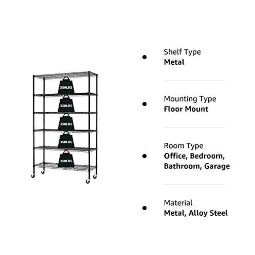 Hcy 6-Tier Storage Shelf Heavy Duty Shelving Unit Nsf Height Adjustable Metal Rack With Wheels For Laundry Bathroom Kitchen Garage Pantry Organization 2100 Lbs Capacity-82*48*18 Inch, (Black) #TOP7