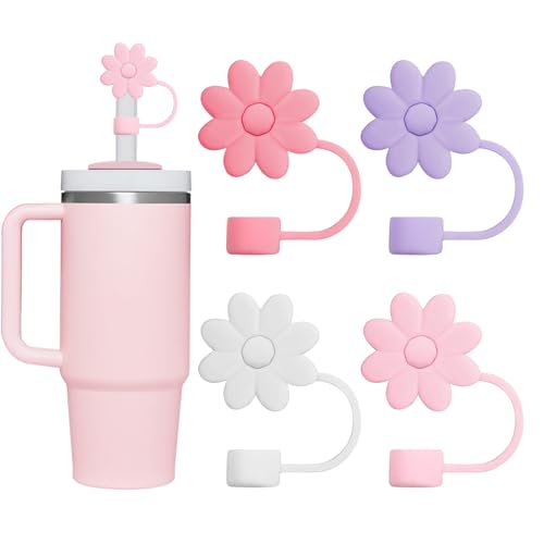 YISCOKO Stanley – Lot de 4 couvercles de paille en forme de fleur en silicone pour pailles Stanley Cup de 10 mm, quatre couleurs.