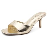 Shoe Land Women's Low Heels Stiletto Heeled Slides, Open Toe One Band Slip-On Heeled Mules – Dressy Heeled Sandals for Prom, Party Wedding and Vacation, Gold, Size 6.0, Deverena